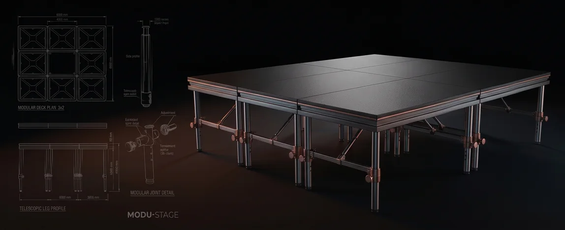 Modulair podium met telescopische poten in gedempt licht