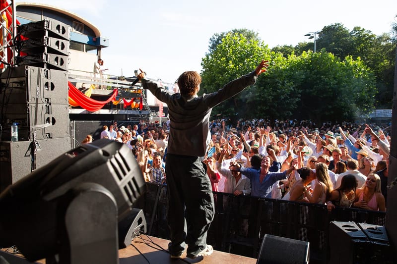 Artiest met opgeheven armen op het podium voor een juichend festivalpubliek